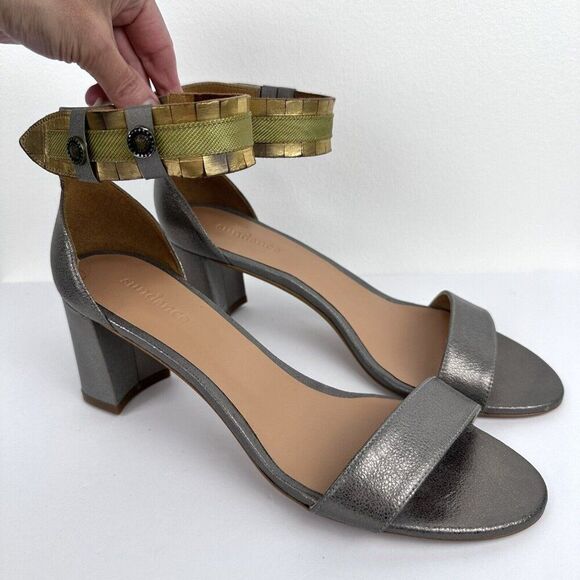 Sundance Leather Sandals Womens 10 EU 41 Pewter High Block Heels Ankle Straps - Picture 1 of 14